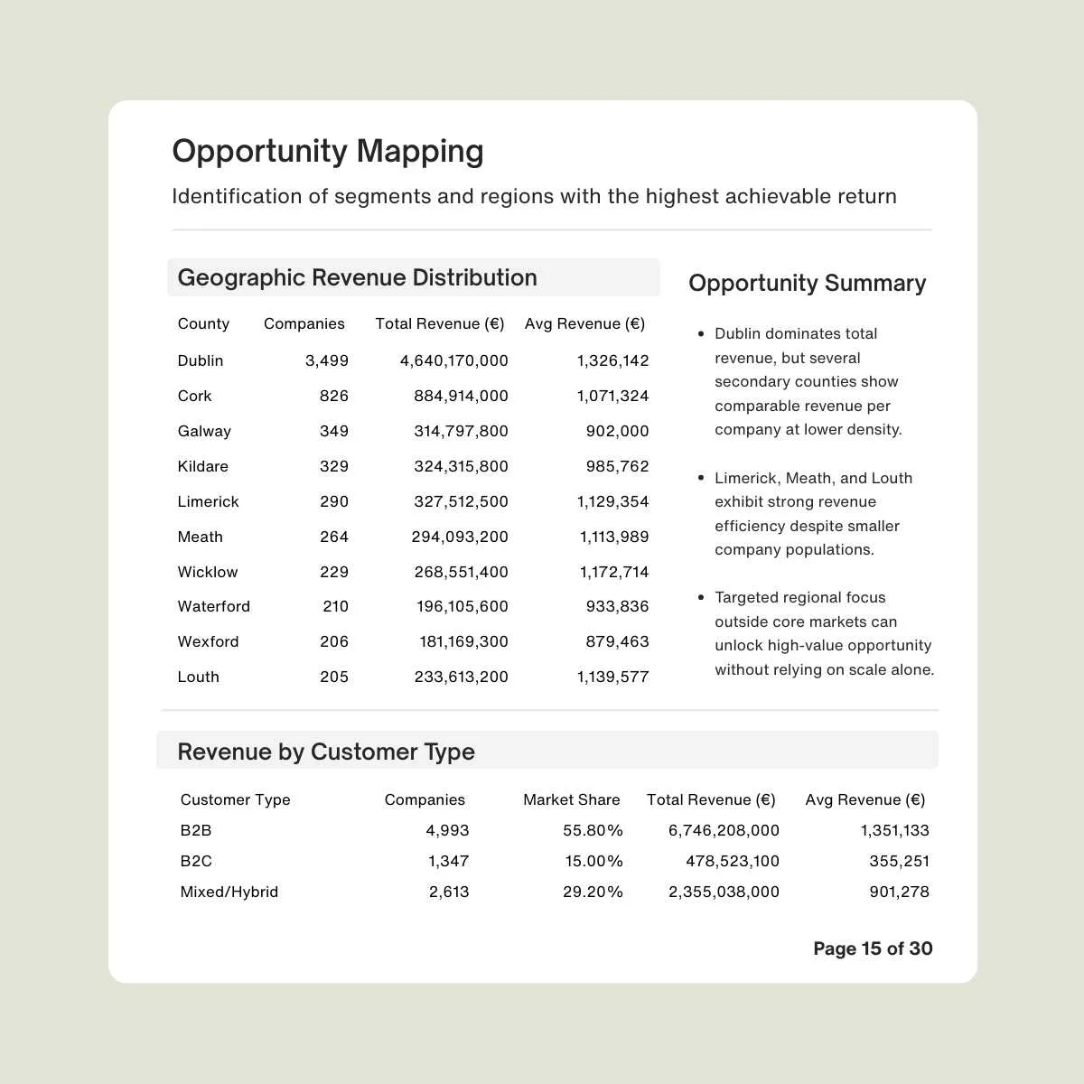 BAM Report - Opportunity and Sector Mapping Bespoke market report showing opportunity mapping with geographic revenue distribution and customer type revenue breakdown.
