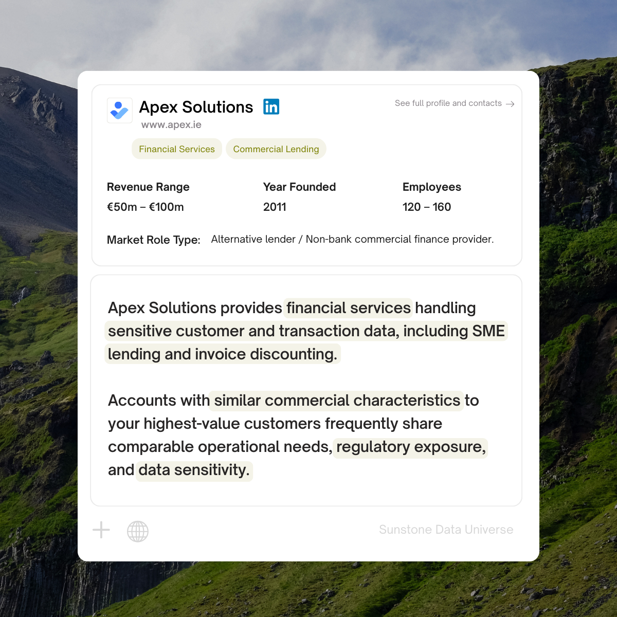 Sunstone Data Universe company profile view with structured business and financial data.